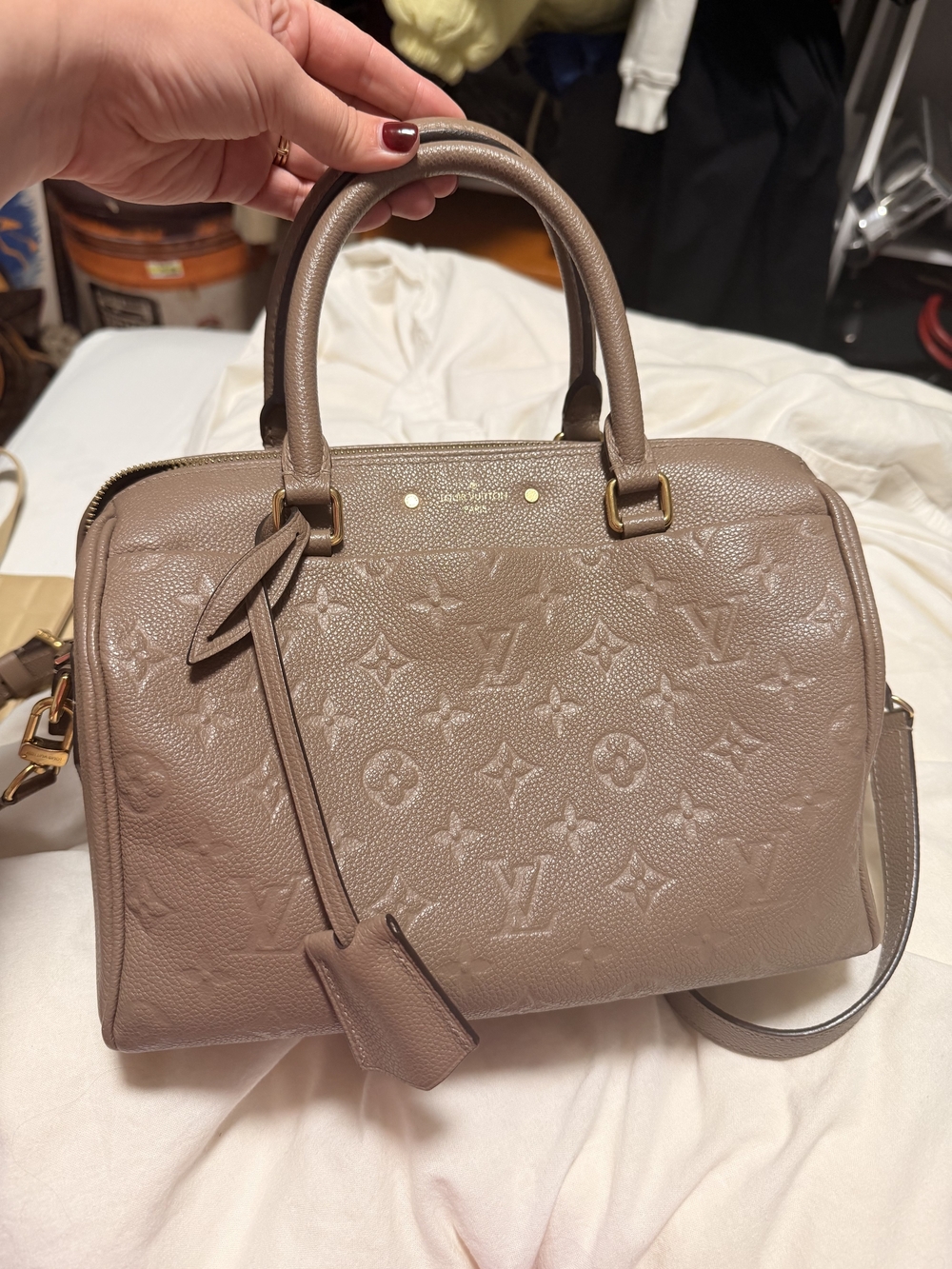 Louis Vuitton Taupe Empreinte Speedy Bandoulière Bag Size 25